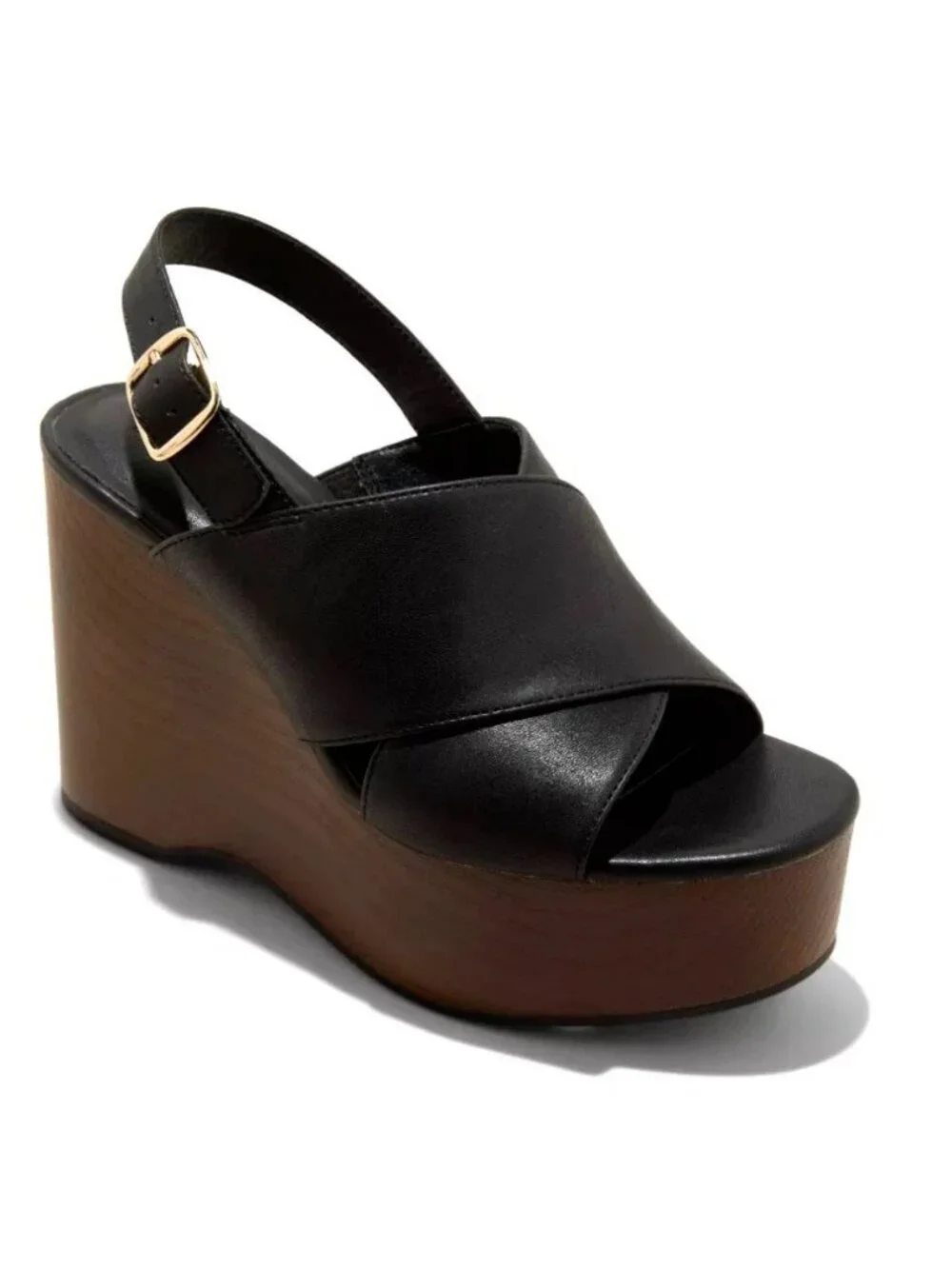 Universal Thread Black Leather Platform Wedge Sandals with Brown Wood-Look Sole